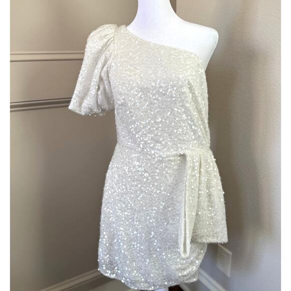 NWT Sachin & Babi Dova Puffed One-Shoulder Sequin Bow Wrap Mini Dress Sz 8 - Picture 4 of 10